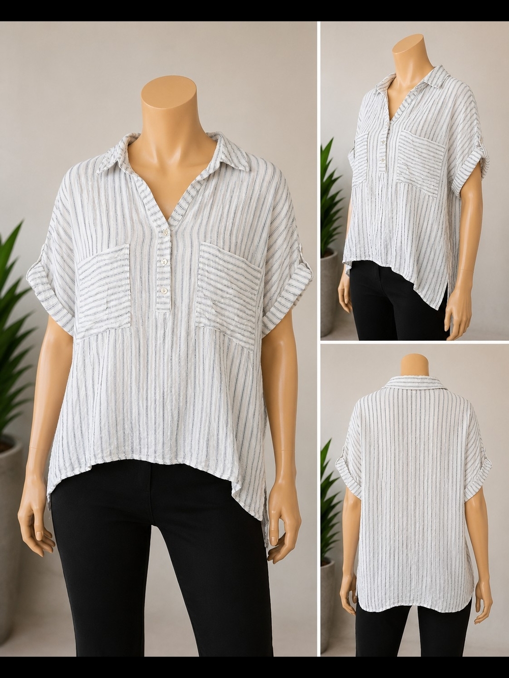 By Together White and Gray Striped Button-Front Relaxed Shirt